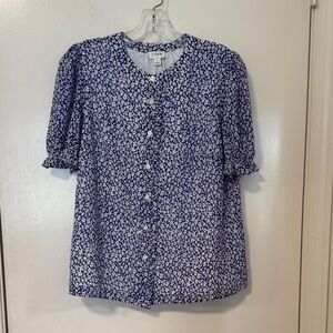 J. Crew Blue and White Floral Button-Front Top